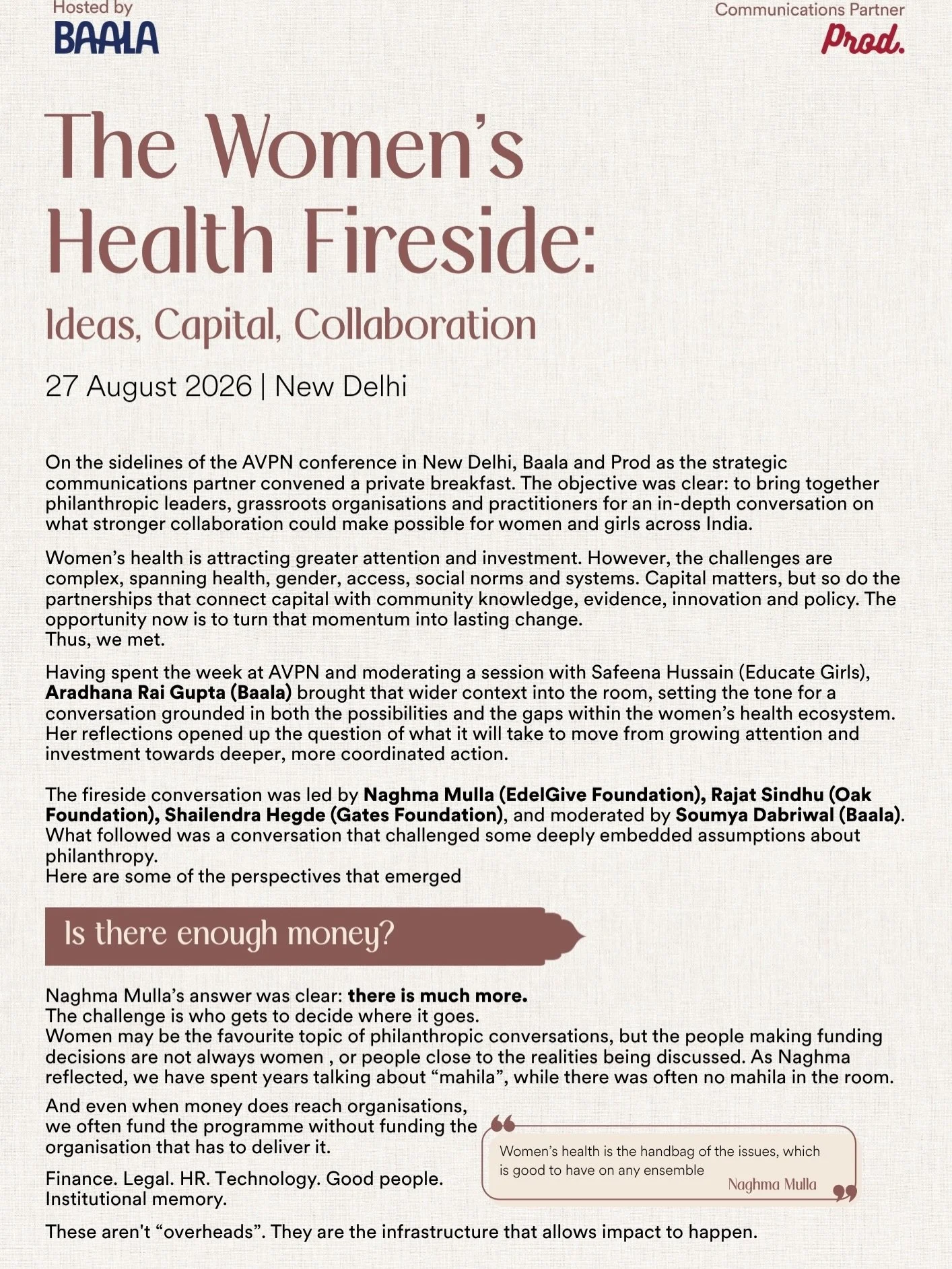 What if philanthropy stopped asking &ldquo;What should we fund?&rdquo; and started asking &ldquo;What needs to change?&rdquo;

At Baala&rsquo;s Women&rsquo;s Health Fireside, we explored what it will take to move from funding programmes to funding in
