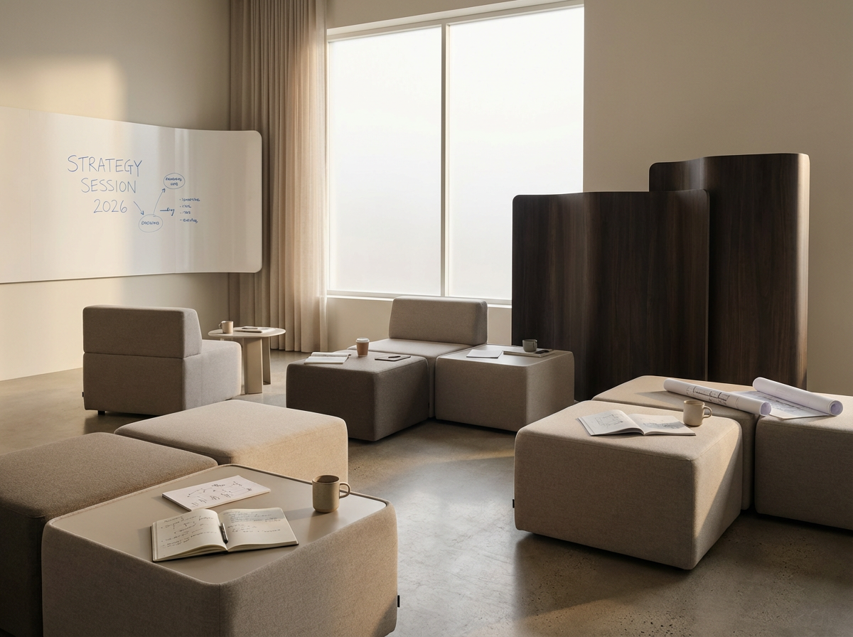 A modern, minimalist lounge or meeting room with beige and gray furniture, notebooks, papers, coffee mugs, and a large window with curtains. There's a whiteboard on the wall with writing that says 'Strategy Session 2026' and some diagrams.