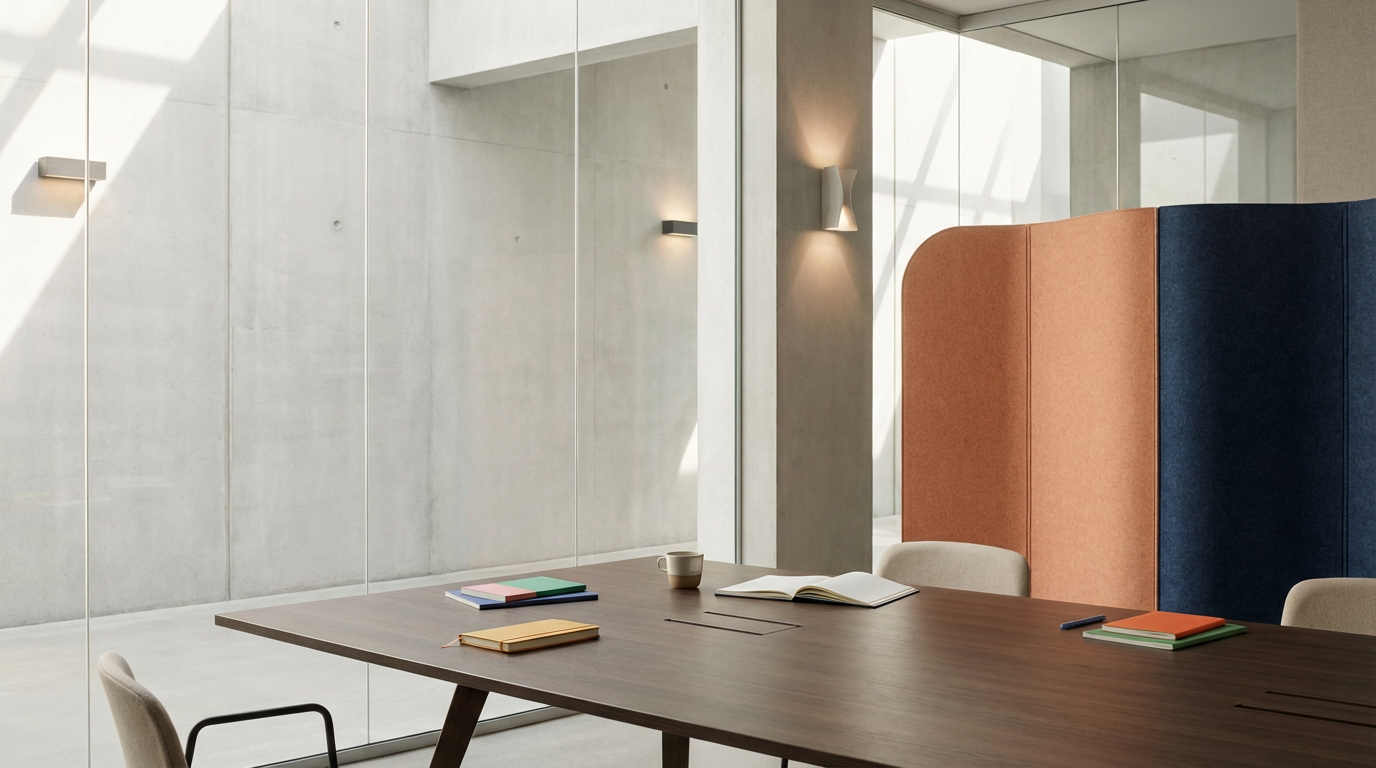 Modern conference room with a wooden table, colorful fabric partition, books, a notebook, a pen, a notebook, a coffee cup, and glass walls allowing natural light.