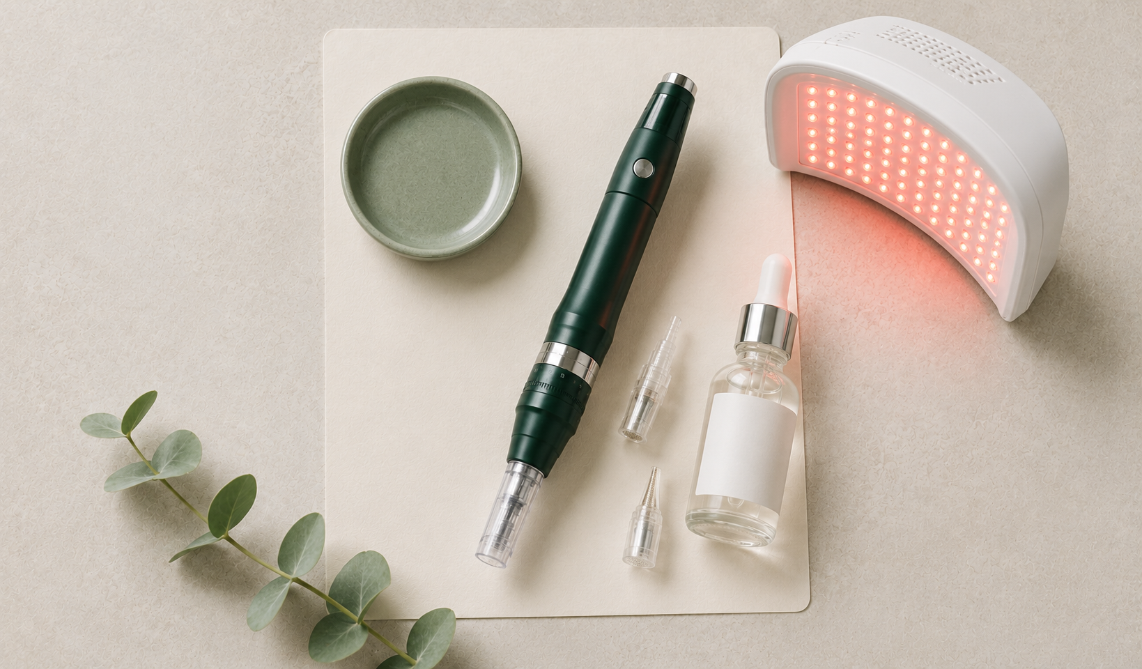 Nail care tools including a UV LED light, a green and black electric nail drill, a small clear bottle, and two small dropper bottles, on a beige surface with a small green plant.
