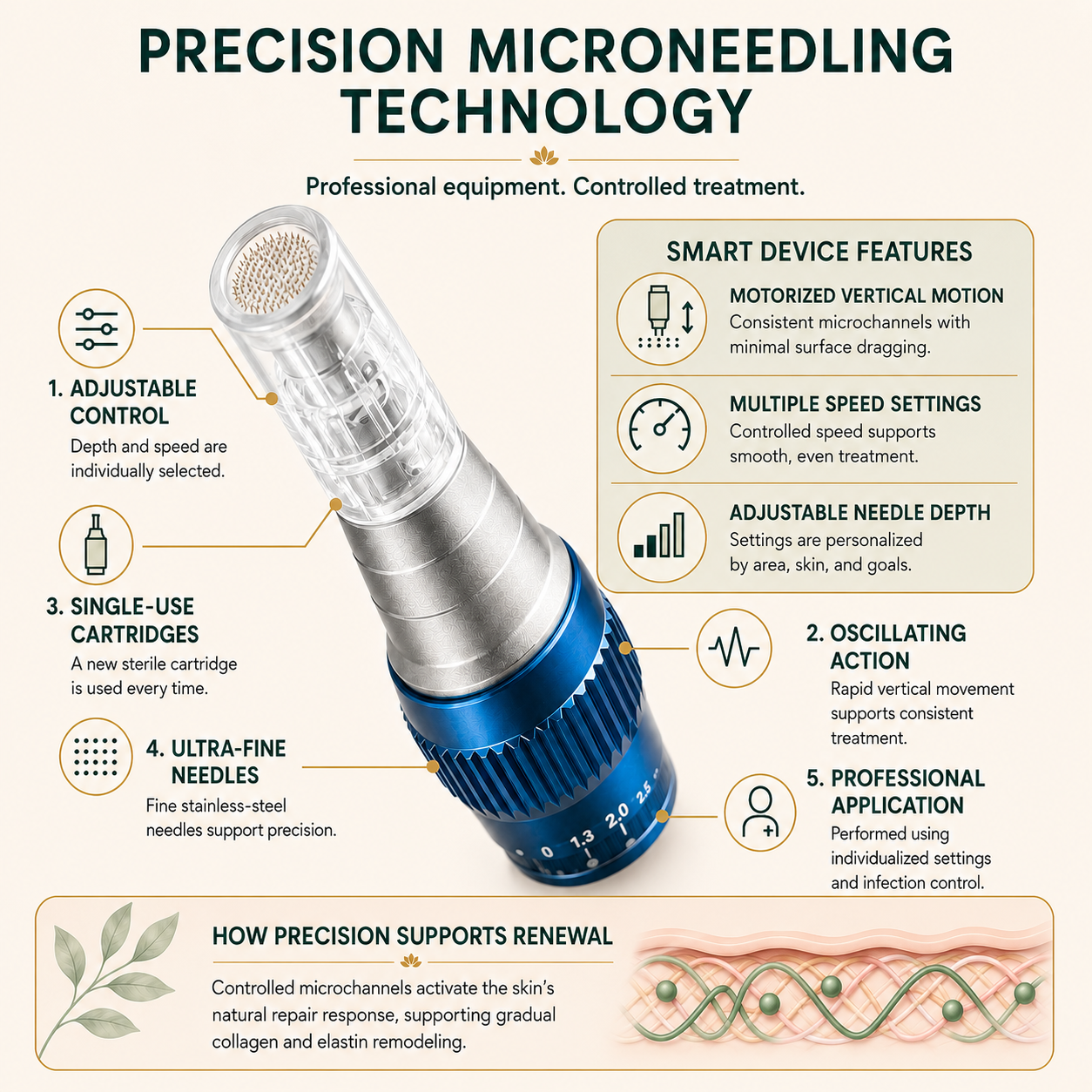 Diagram of a precision microneedling device with labeled features including adjustable control, single-use cartridges, ultra-fine needles, and smart device features like vertical motion, multiple speed settings, and customizable needle depth.