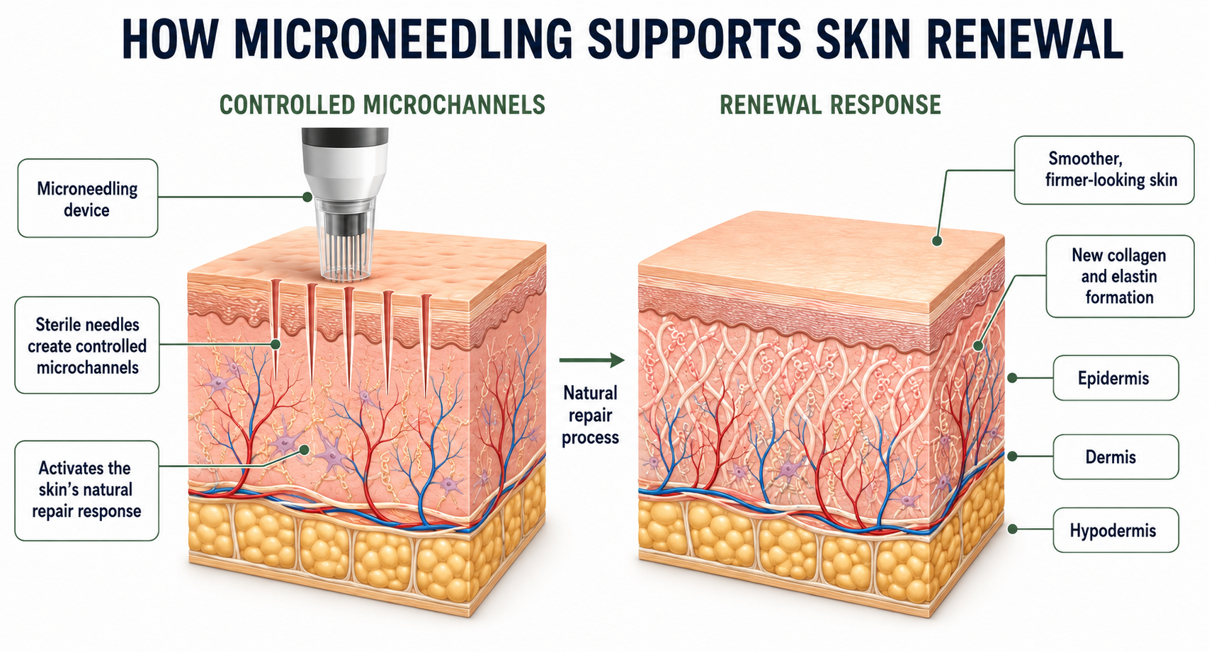 Diagram showing how microneedling supports skin renewal, with controlled microchannels created by a microneedling device activating the skin's natural repair process, leading to a smoother, firmer-looking skin and new collagen and elastin formation, highlighting epidermis, dermis, and hypodermis layers.