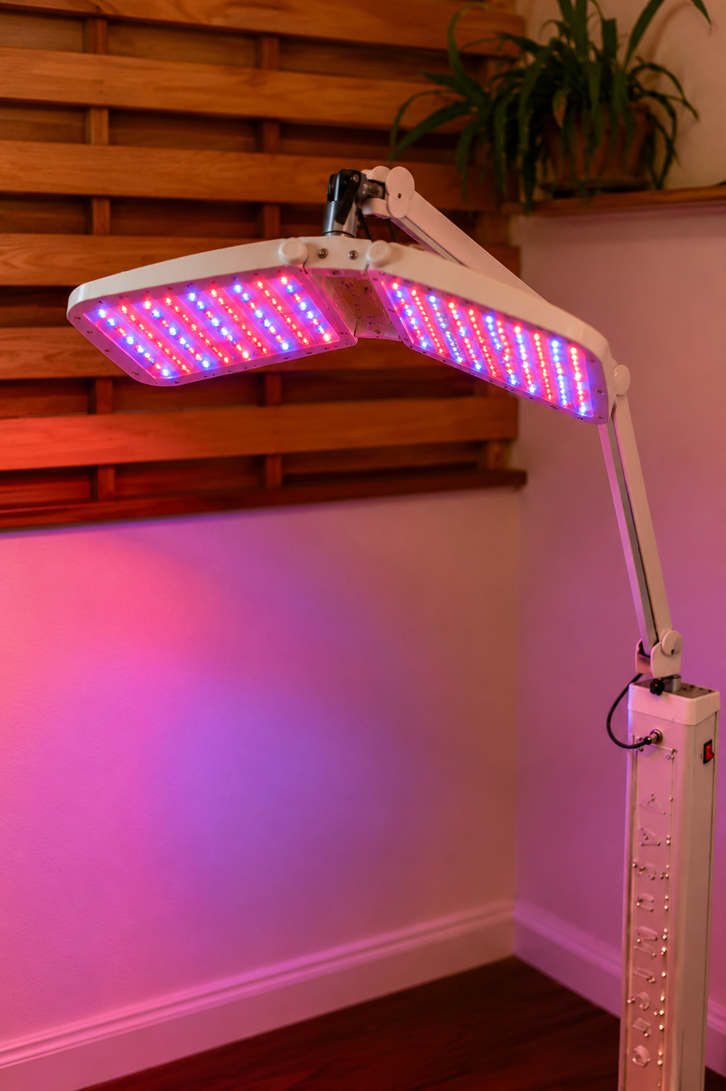 A therapeutic light with two rectangular LED panels emitting red and blue light, mounted on an adjustable white stand in a room with pinkish walls, a wooden slat ceiling, and a potted plant in the background.