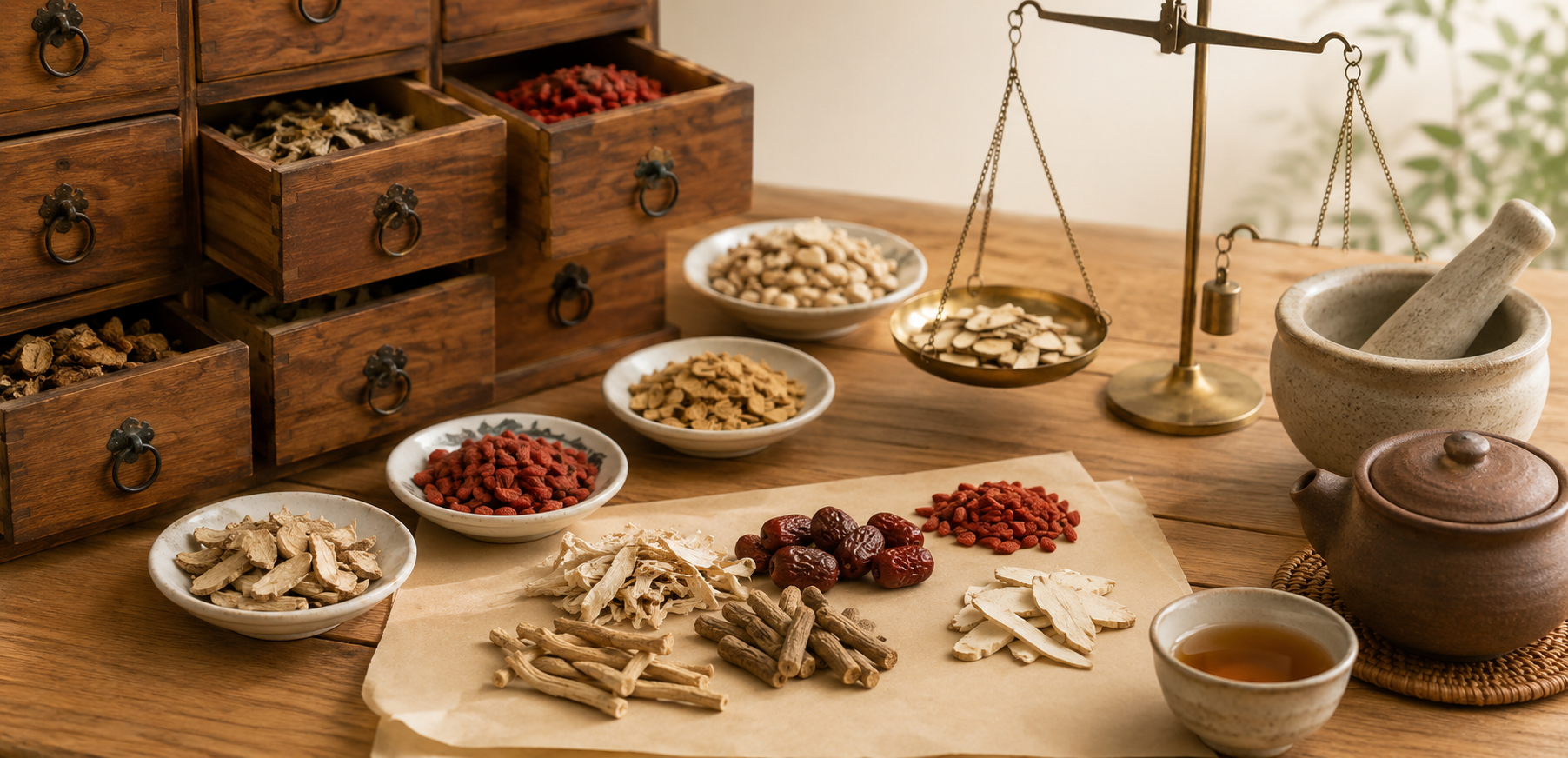 Traditional Chinese herbal medicine ingredients displayed on a wooden table with a balance scale, mortar and pestle, and small wooden drawers containing dried herbs.