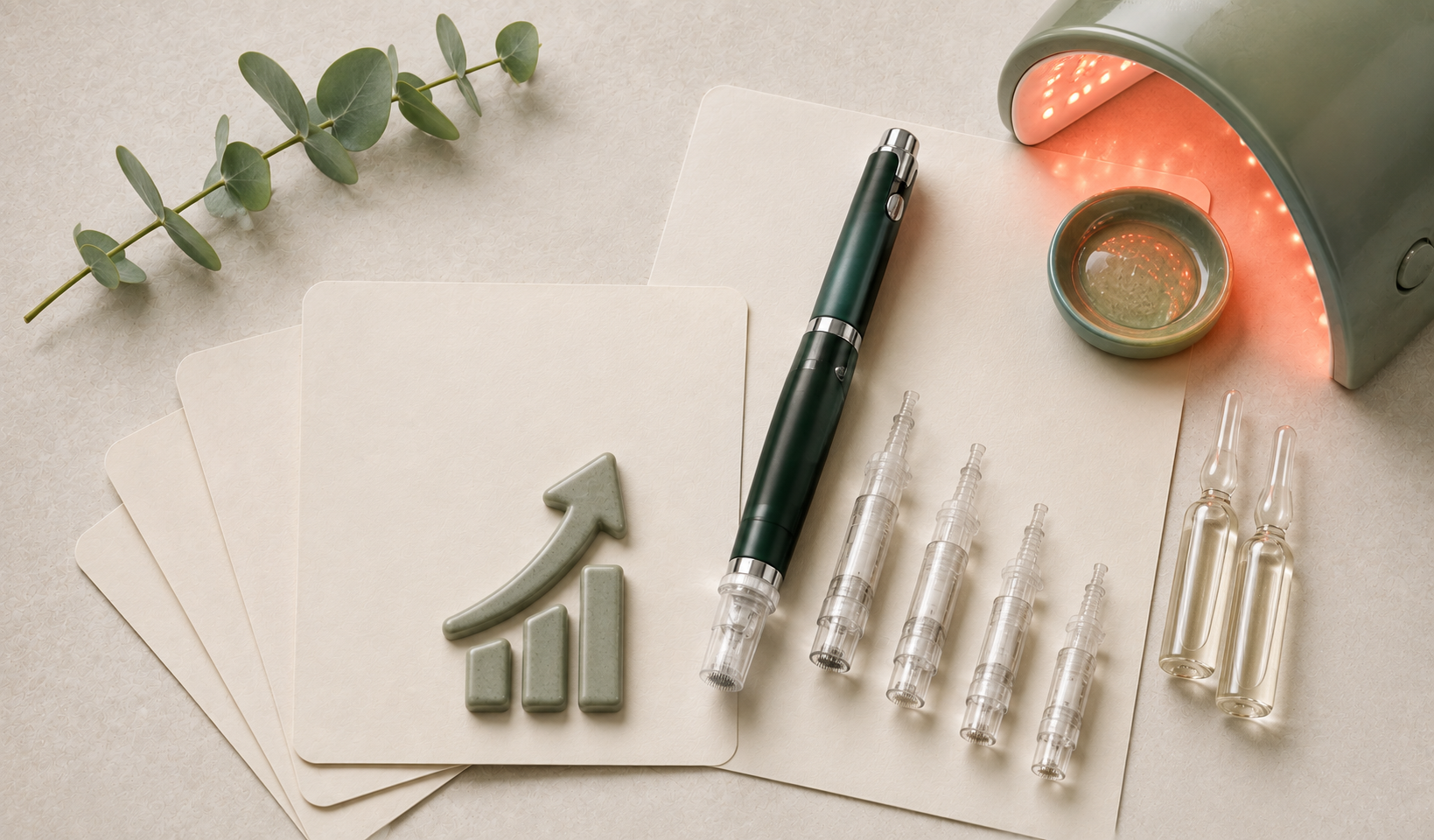 Medical or cosmetic treatment setup with syringes, vials, a vitamin injector, and a red LED light therapy device on a beige surface, decorated with green leafy plant.