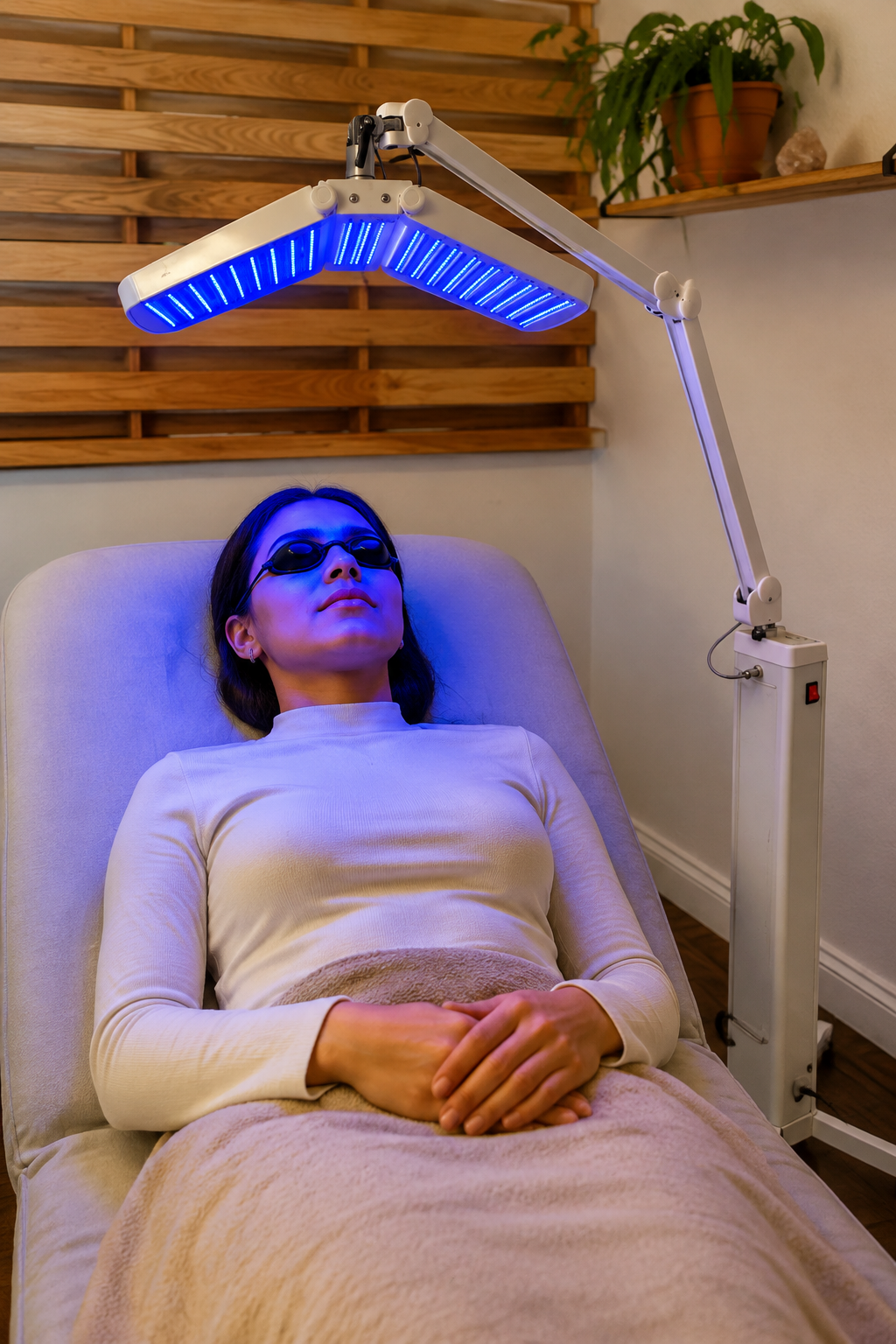 A woman lying on a treatment bed under a blue LED light with protective goggles, in a spa or medical clinic room.