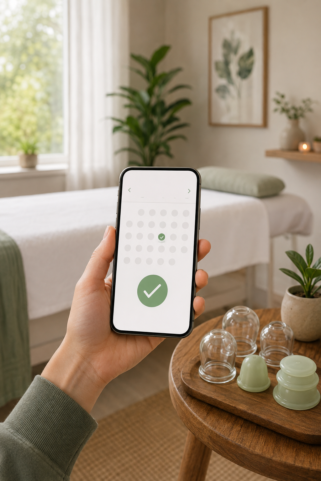 Person holding smartphone with a checkmark on the screen in a serene, neatly arranged room featuring a massage table, green plants, and decorative items.