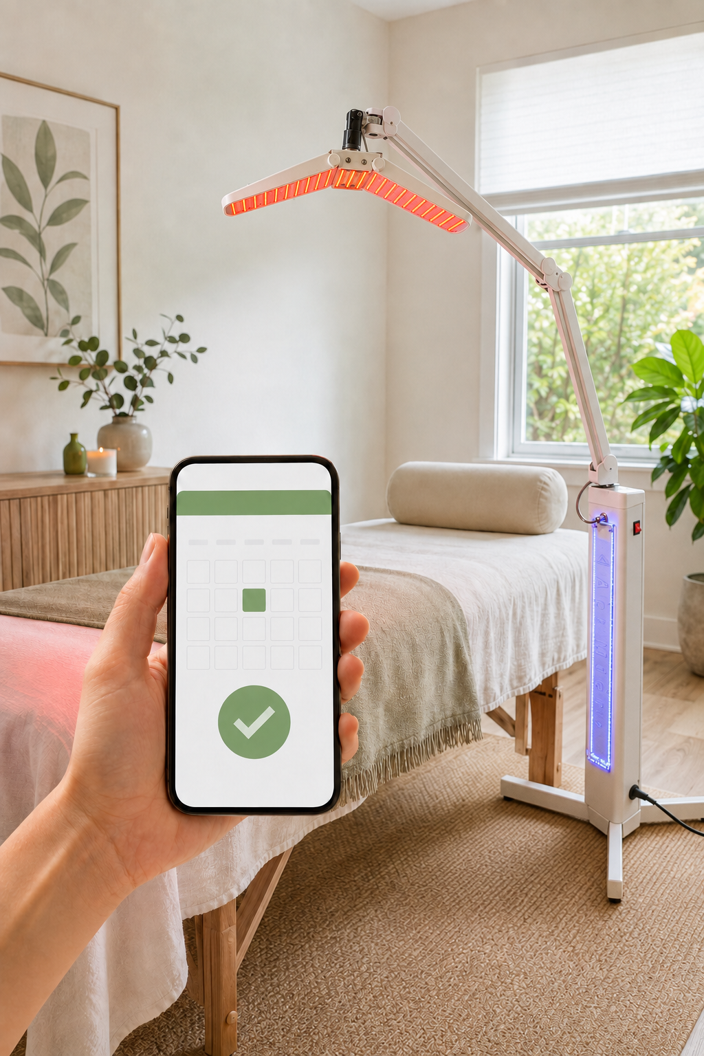 A person holding a smartphone with a green checkmark on the screen, next to a bed with a massage bed face cradle, in a room with a red-light therapy device and natural light coming through a window.