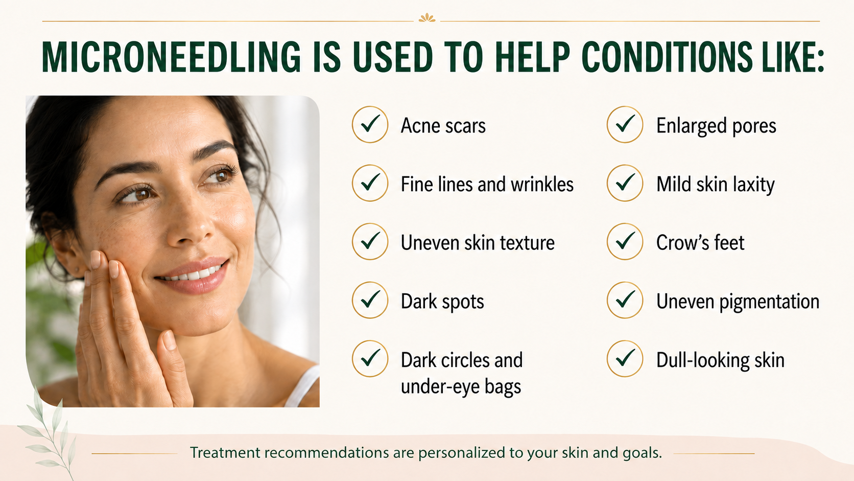 An informational graphic explaining that microneedling is used to help with skin conditions such as acne scars, fine lines, uneven skin texture, dark spots, dark circles, under-eye bags, enlarged pores, mild skin laxity, crow’s feet, uneven pigmentation, and dull-looking skin. It features a woman touching her face with a smile on her face.