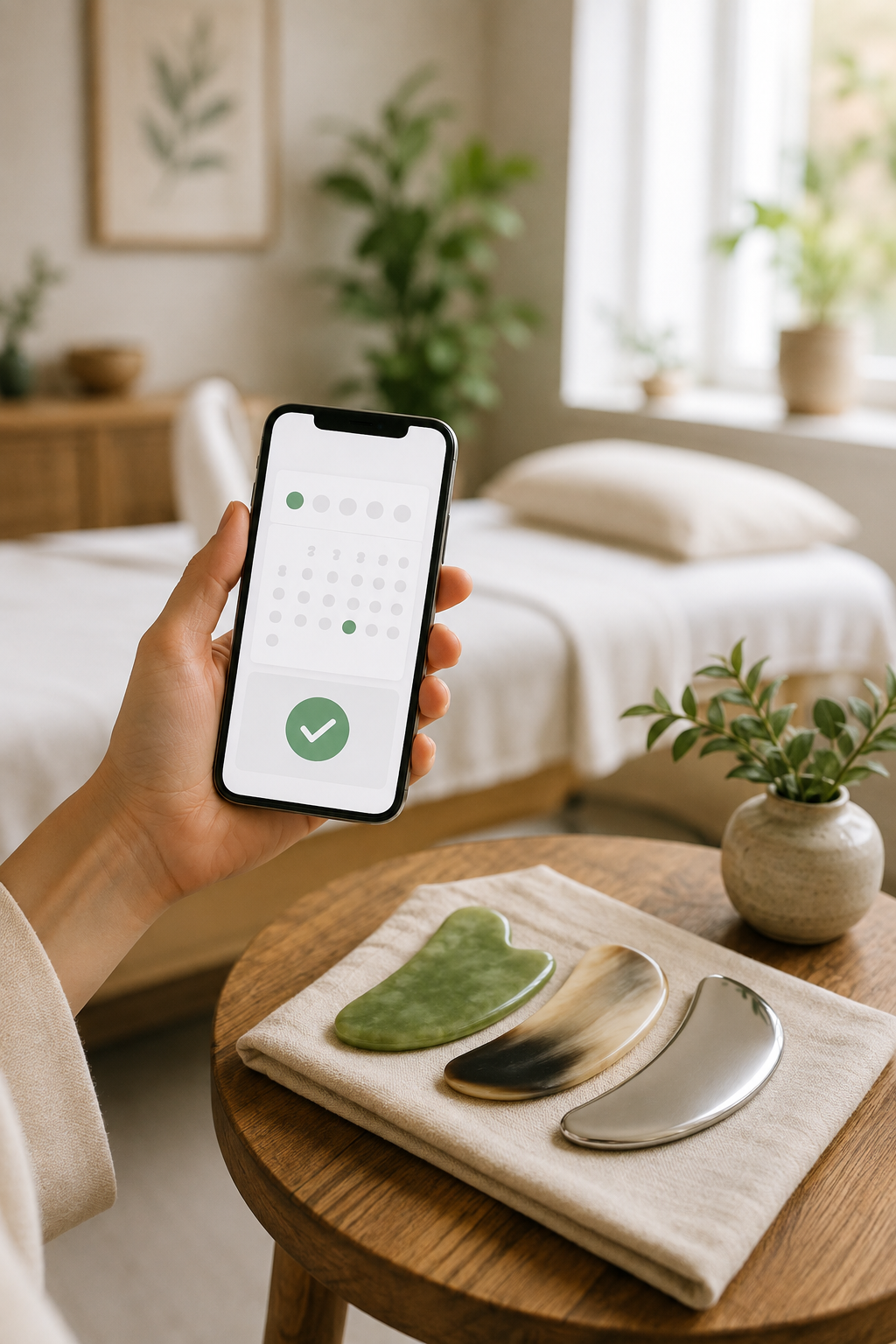 A person holding a smartphone with a green checkmark on the screen, sitting beside decorative items on a wooden table, in a cozy bedroom with plants and natural light.