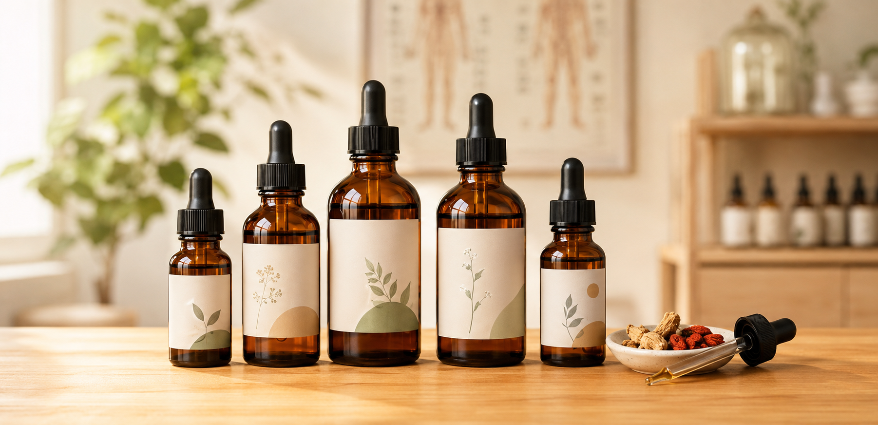 A row of five amber glass dropper bottles with white labels featuring minimalist botanical designs on a wooden table. To the right, a small dish contains dried herbs or roots, and a dropper lies beside it. The background includes shelves with more bottles and a potted plant, giving a natural, wellness-focused ambiance.
