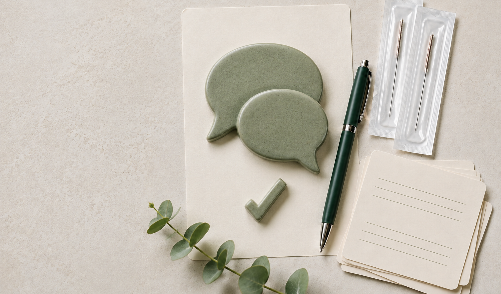 A flat lay of office or craft items including two speech bubble-shaped ceramic dishes, a small ceramic check mark, a black and green pen, two sealed needles in plastic packaging, a stack of lined note cards, and a sprig of eucalyptus leaves on a light background.