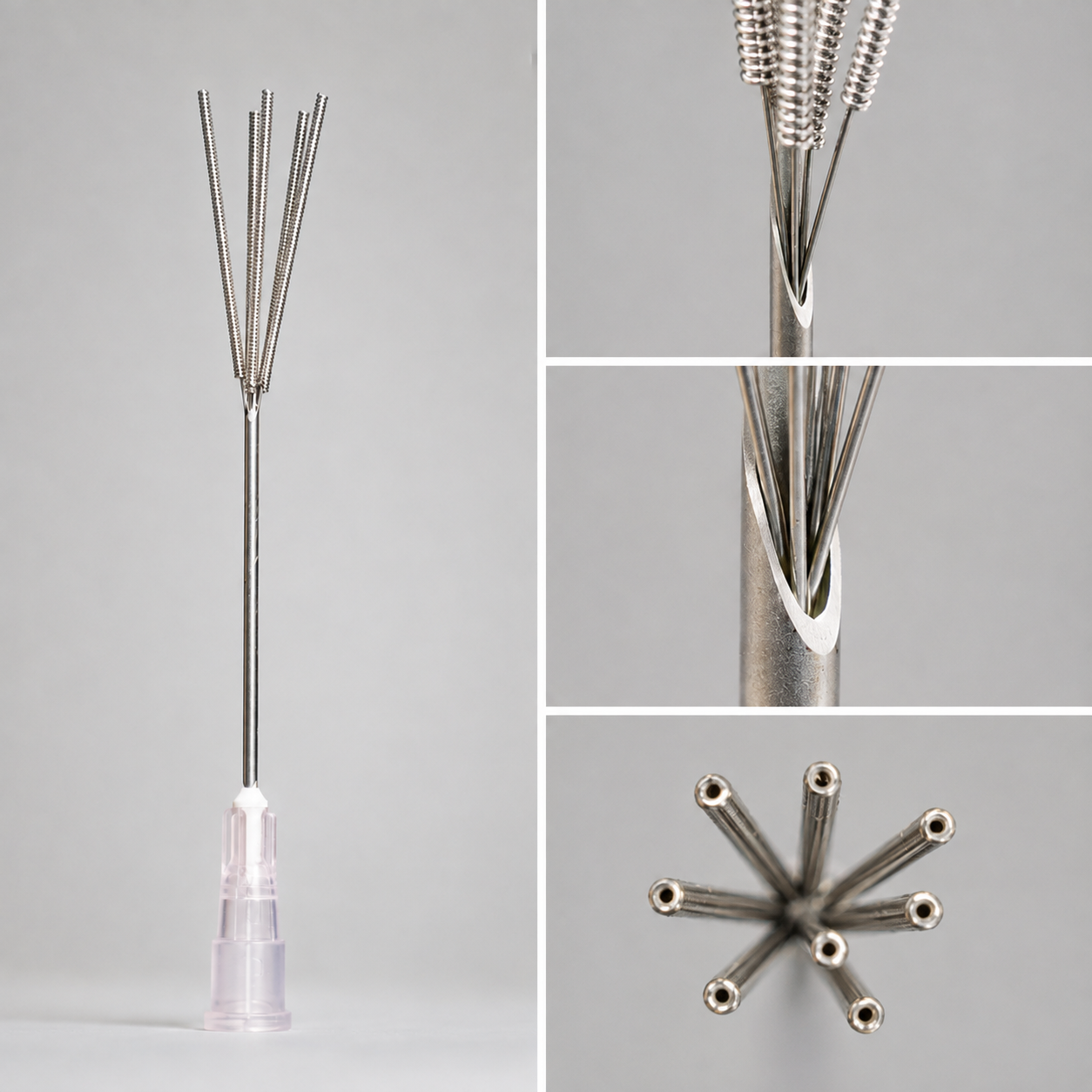 Close-up of a chainstitch lockstitch sewing machine needle bar with multiple needles arranged in a star shape, made of stainless steel, against a grey background.