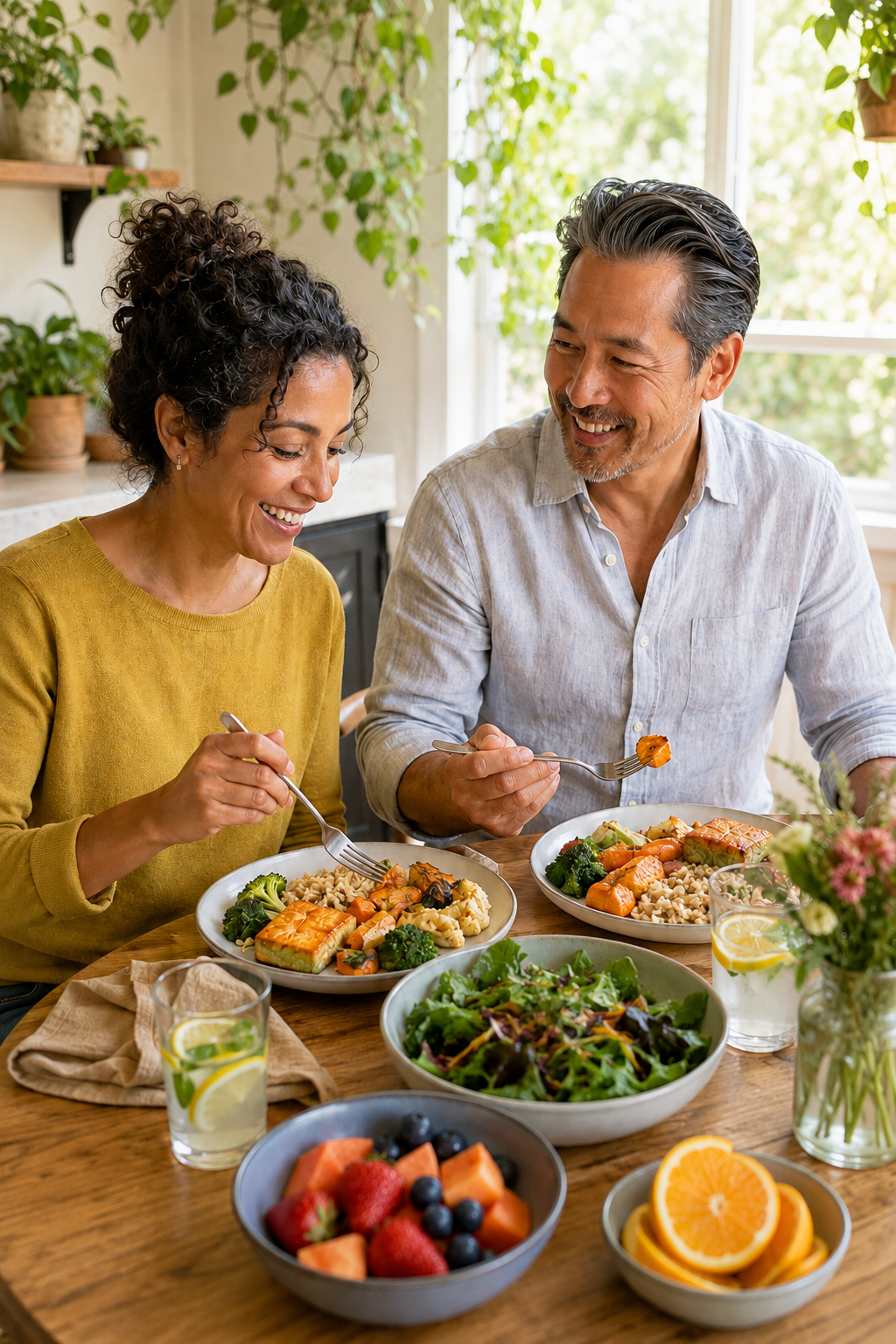 A smiling woman and man sit at a wooden table enjoying a meal of vegetables, rice, and salmon. The table is set with bowls of fruit, salad, and glasses of water with lemon slices, in a bright room with natural light and plants.