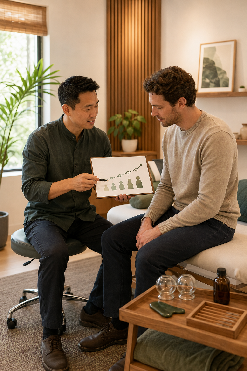 A man in a dark shirt showing a graph on a whiteboard to another man in a beige sweater in a cozy room with wooden accents and plants.