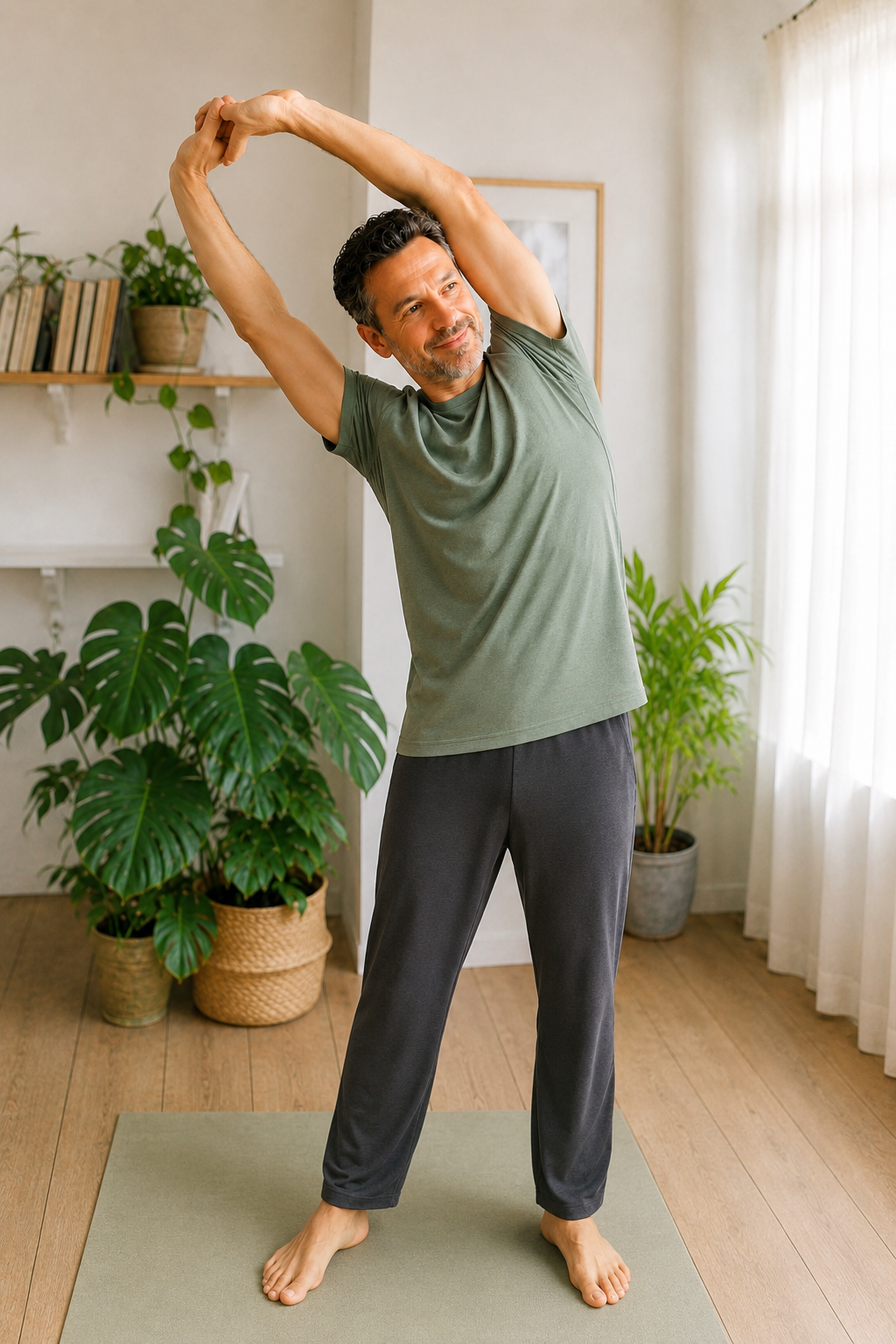 A man stretching indoors on a yoga mat, wearing a green t-shirt and gray sweatpants, surrounded by houseplants.