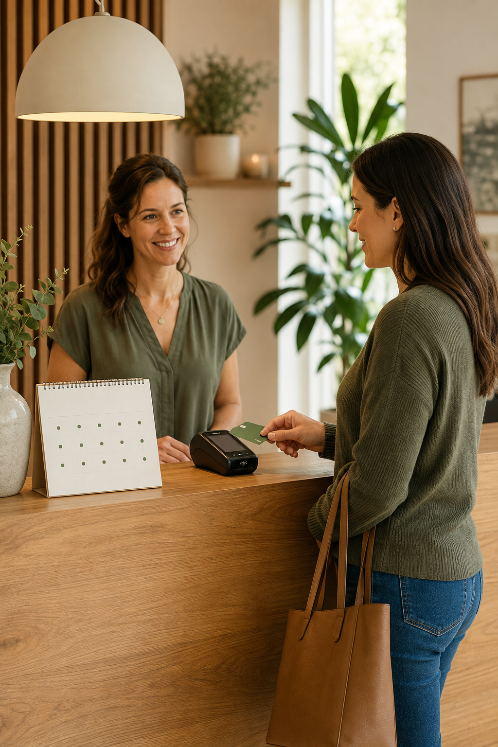 A woman at a reception desk hands over a credit card to a receptionist for payment, with a card reader on the counter.