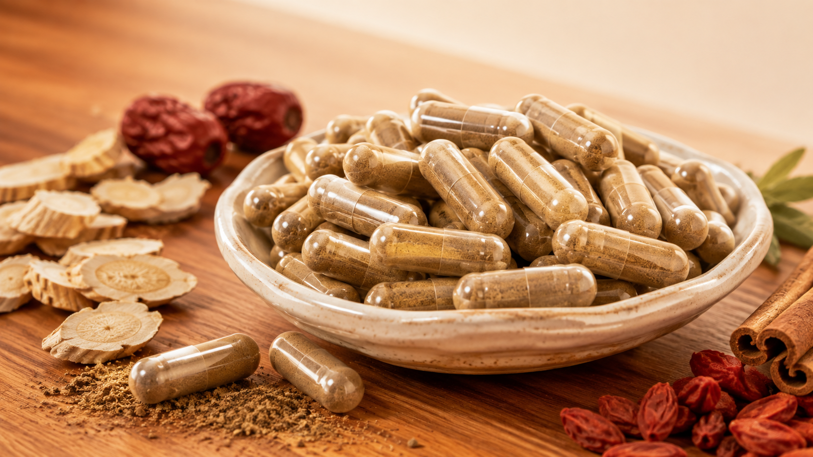 A bowl of herbal supplement capsules on a wooden table, surrounded by dried herbs, roots, and spices.