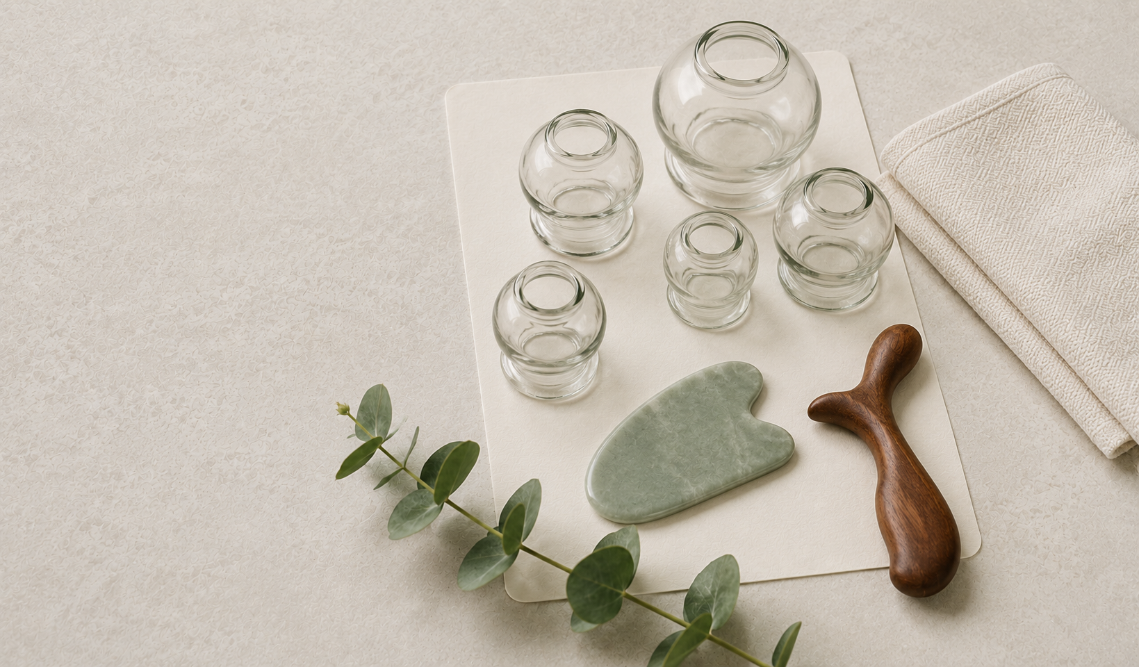 Arrangement of six clear glass TCM therapy cups in varying sizes on a cream surface accompanied by a wooden massage tool and a polished green stone, with a folded cream towel and green plant branch nearby.