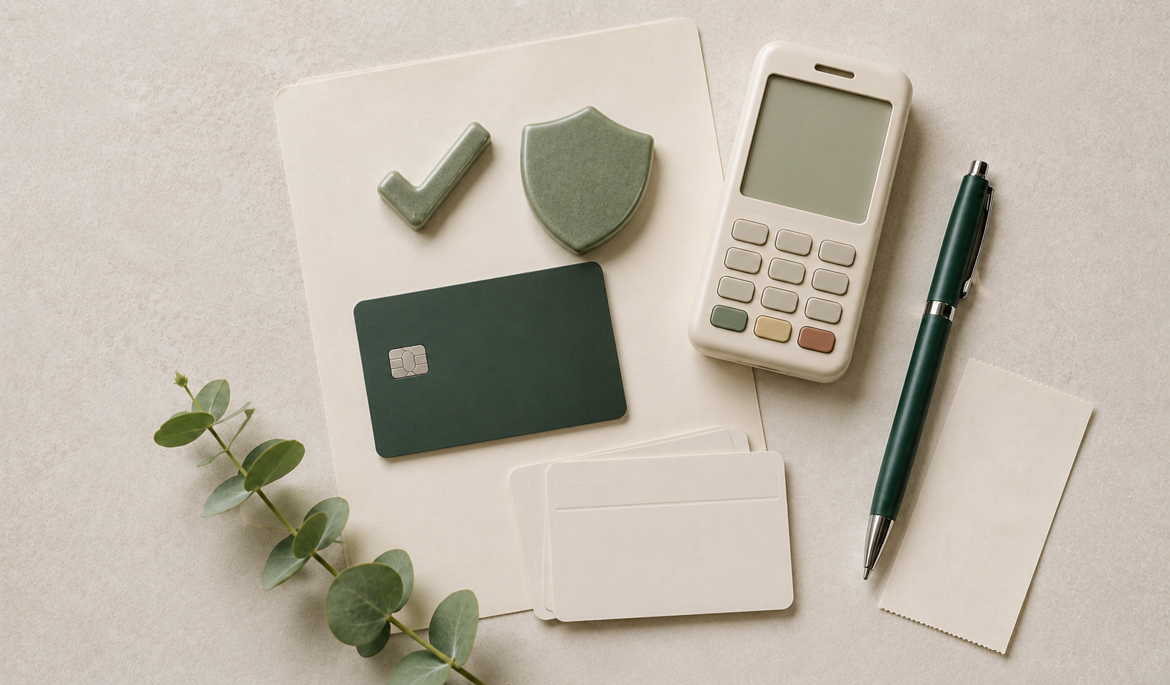 A flat lay of office or financial planning items on a light surface, including a white calculator, a green credit card, a green checkmark and shield figurine, a stack of blank white cards, a green pen, and a branch of eucalyptus leaves.