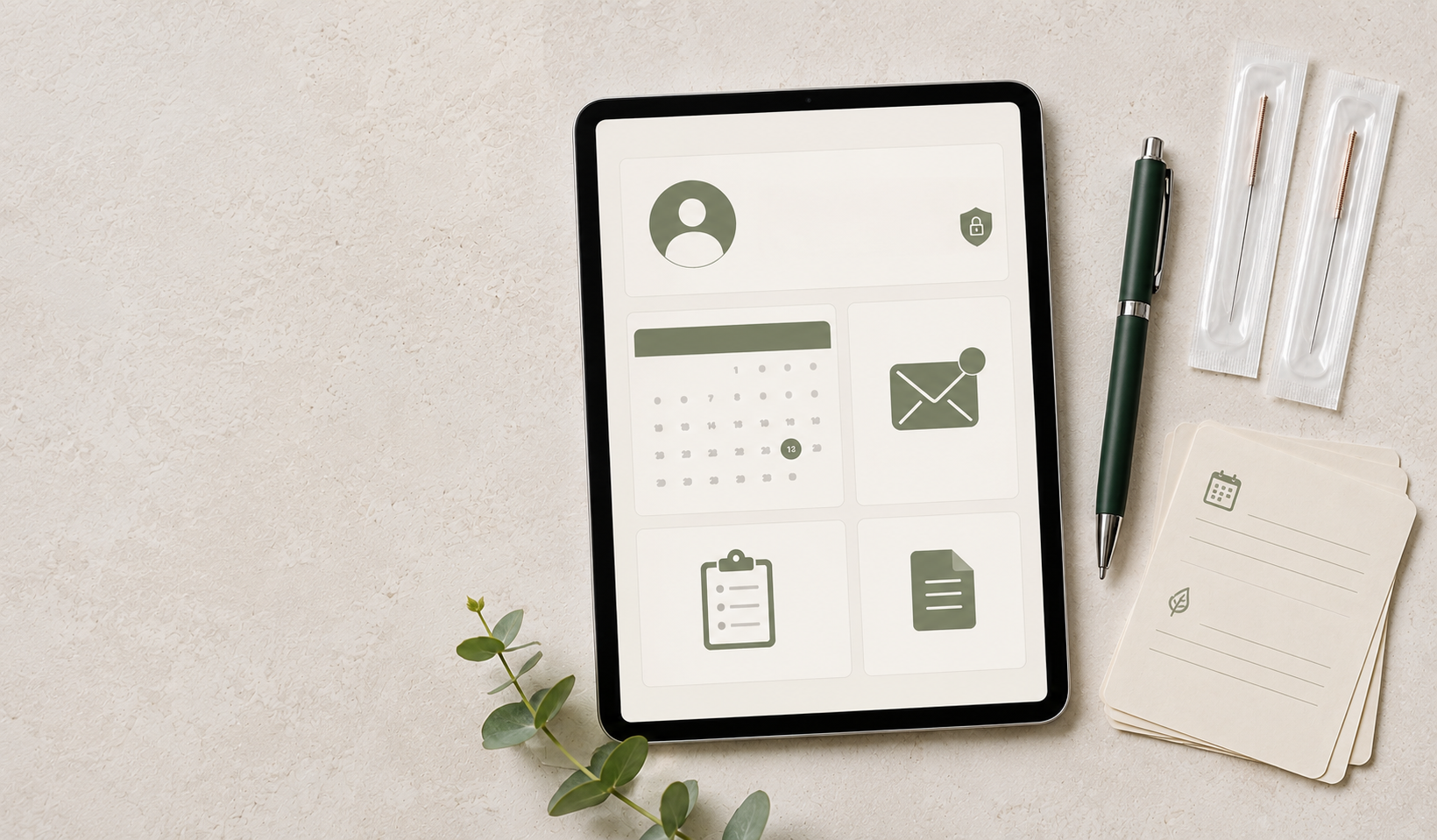 Digital tablet with calendar, email, and file icons on screen, surrounded by a pen, wrapped needles, and a stack of cards with a calendar and leaf illustration