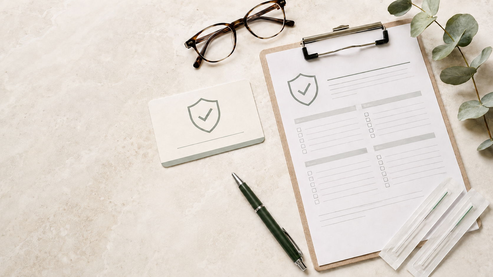 Desk with glasses, a clipboard with a checklist, a pen, a white card with shield and checkmark, and parsley plant leaves.