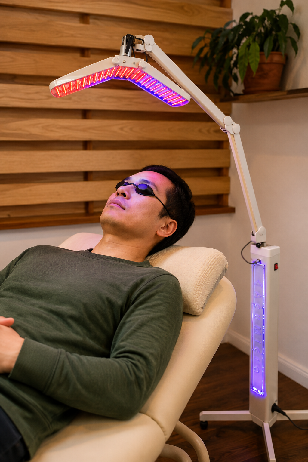 A man lying on a treatment bed with eyes closed, wearing protective goggles, receiving light therapy from a large, adjustable LED device overhead in a spa or wellness center