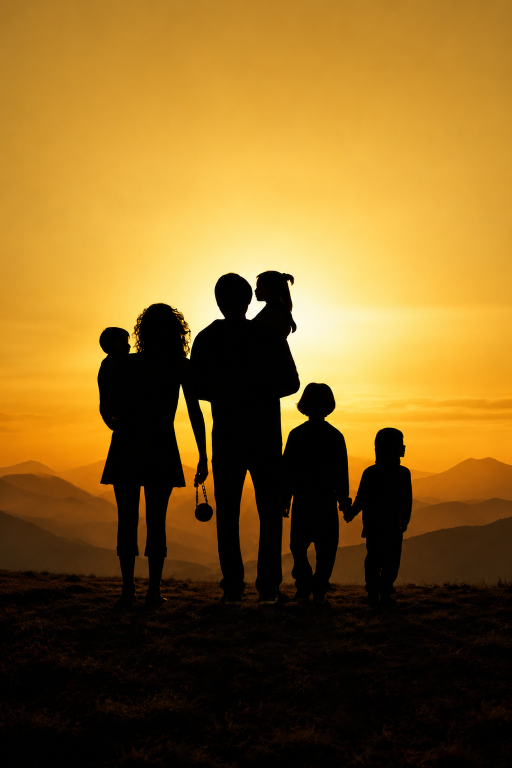 Silhouette of a family with five members, including children and adults, standing together outdoors during sunset with mountains in the background.
