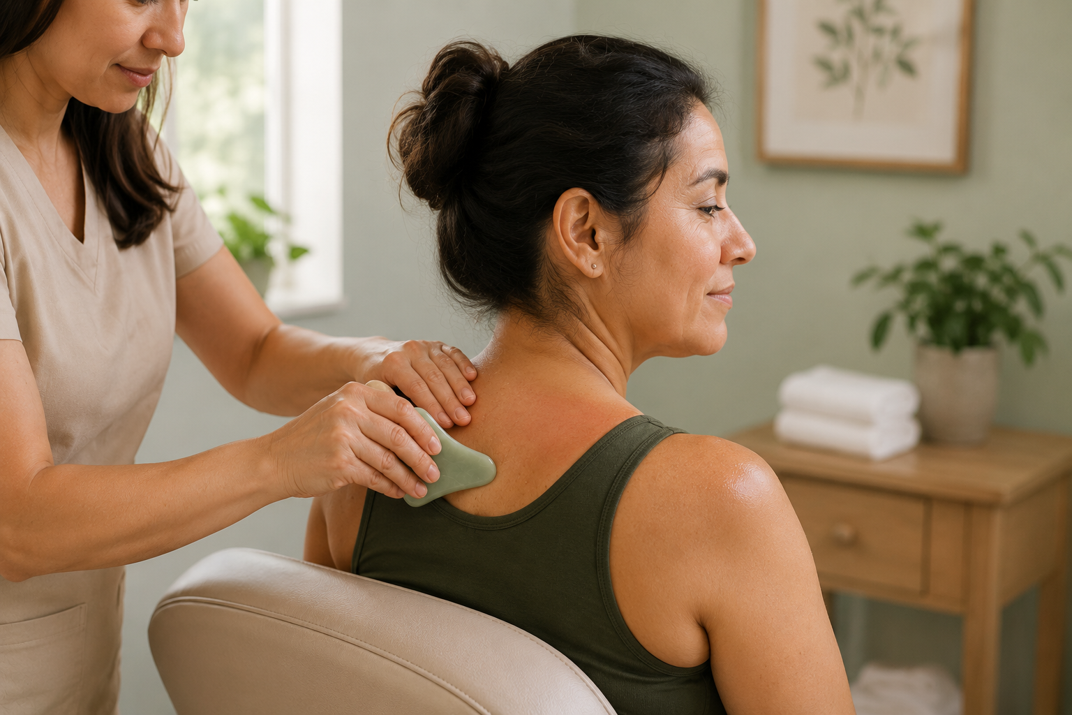 A woman receives a back massage with a Gua Sha tool in a spa or massage room.
