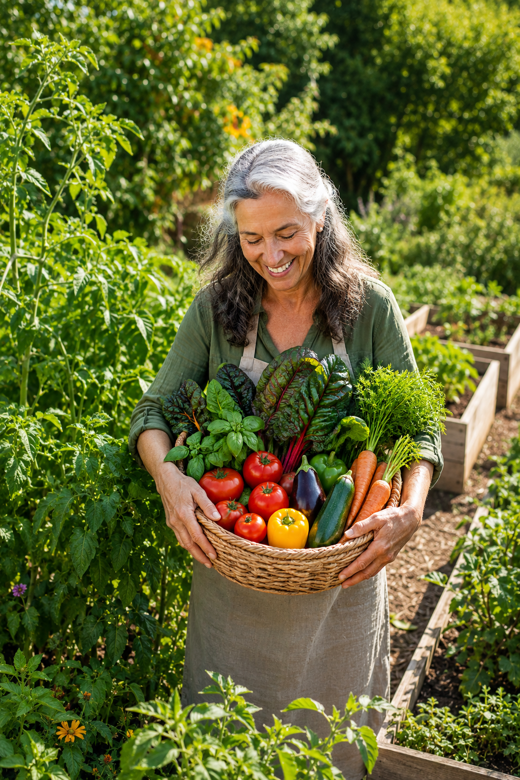 A smiling woman holding a basket of fresh vegetables in a lush garden.