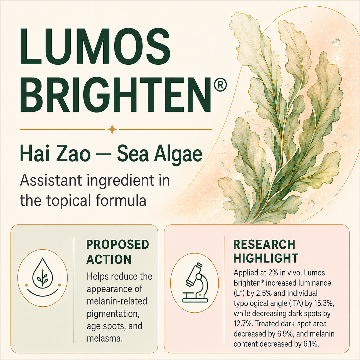 A skincare product label for Lumos Brighten, highlighting sea algae as an active ingredient. The label includes sections explaining the proposed action of reducing melanin-related pigmentation, and research results showing increased luminance and decreased dark spots.