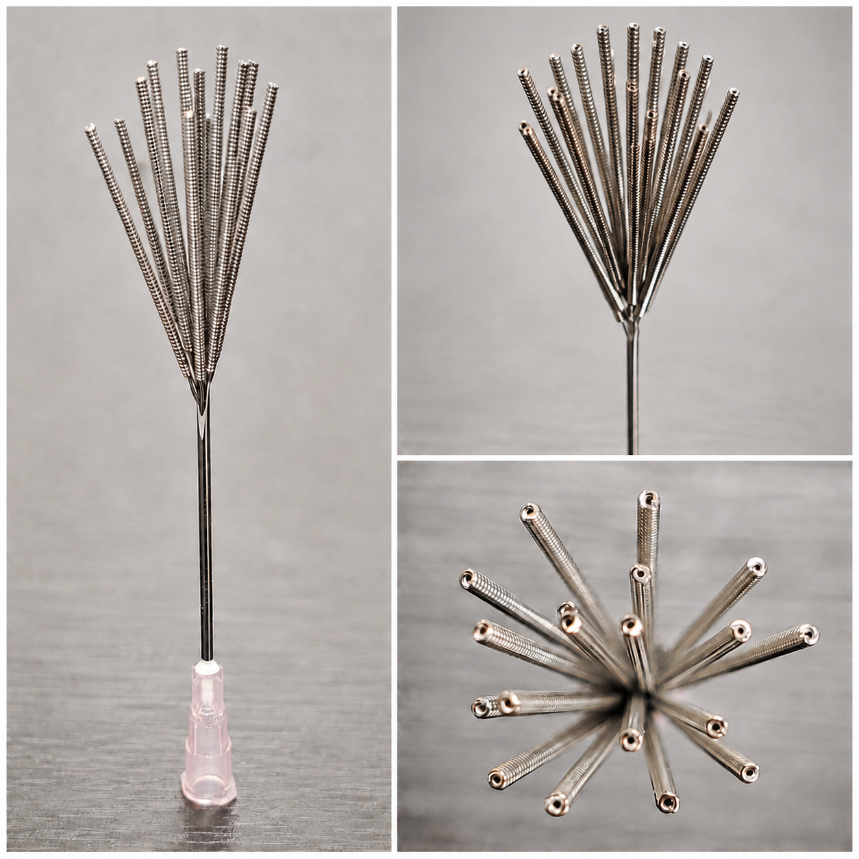A collection of metal micro-forceps with textured handles, arranged in various patterns on a neutral background.