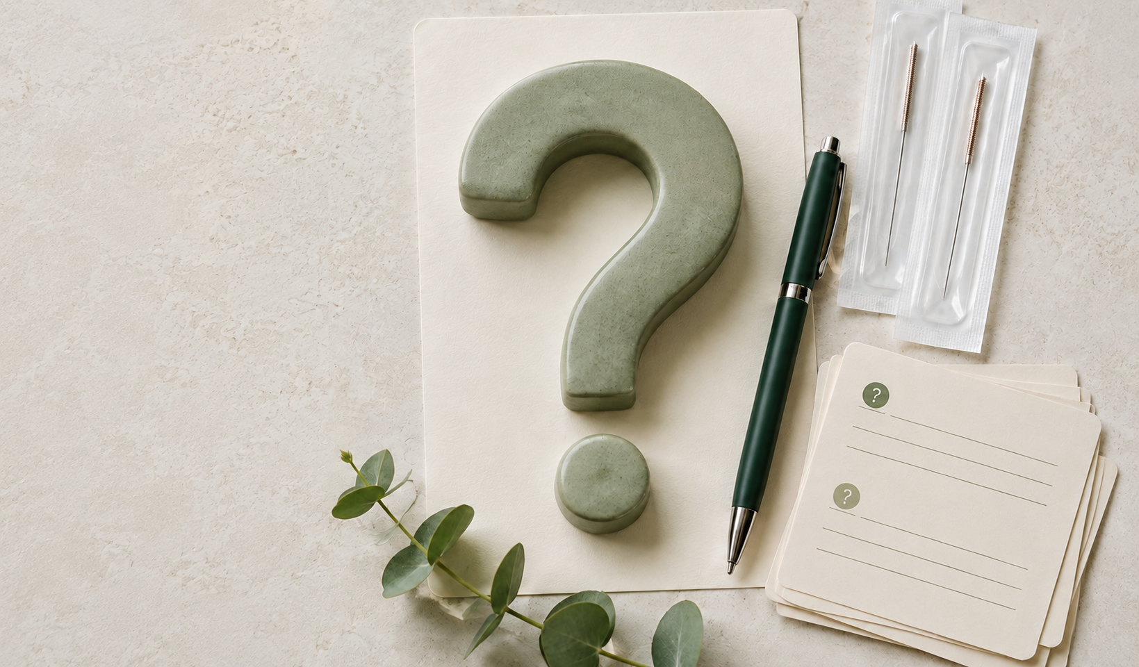 A large green question mark candle, a black pen, two needle swabs in plastic packaging, and a stack of question cards with space for writing, all placed on a light-colored surface with a small green plant