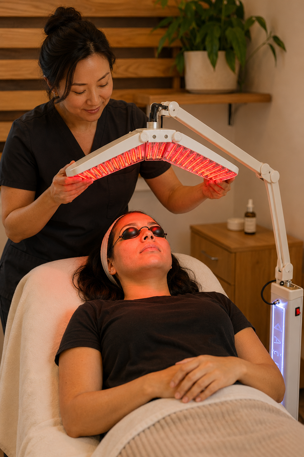 A woman receiving a red light therapy treatment from a technician in a wellness clinic.