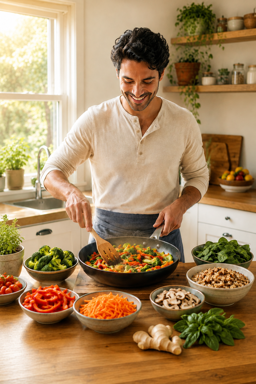 A man cooking vegetables in a frying pan in a sunny kitchen surrounded by bowls of colorful chopped vegetables and fresh herbs.