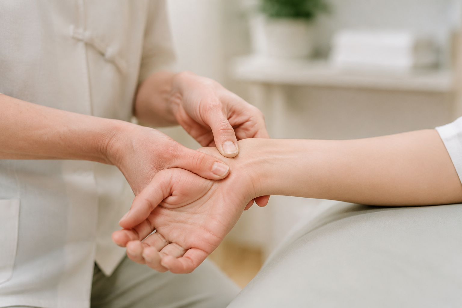 A healthcare professional checks a patient's wrist.