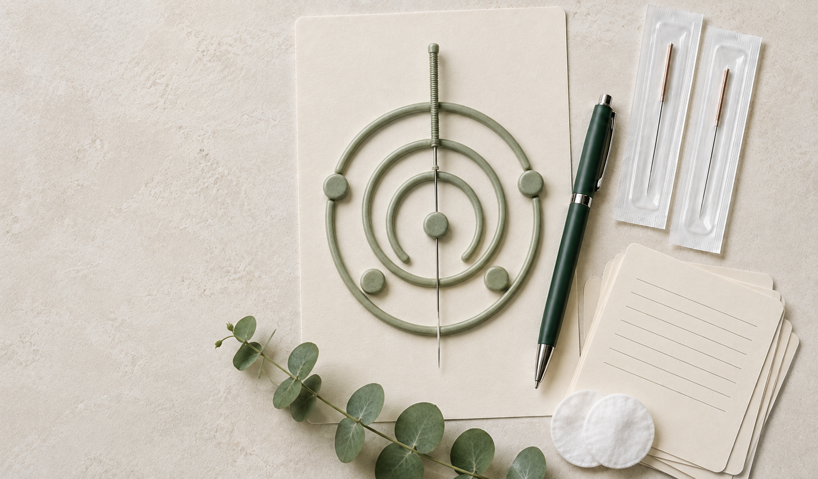 A desk with a green circle design and an acupuncture needle in the center, a green pen, two lined notepads, cotton pads, two alcohol swabs in sealed packages, and a sprig of eucalyptus leaves.