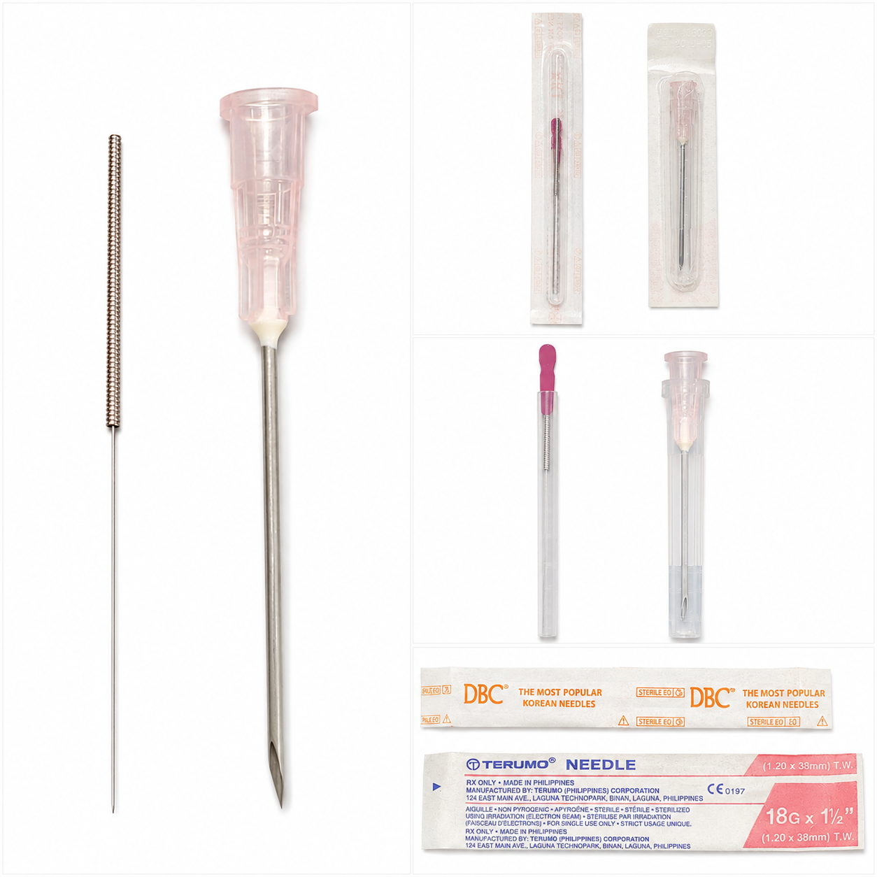 Collection of medical needles and syringes, including a needle with a pink shield, a saline lock, two pre-packaged needles, and a box of sterile needles, arranged against a white background.