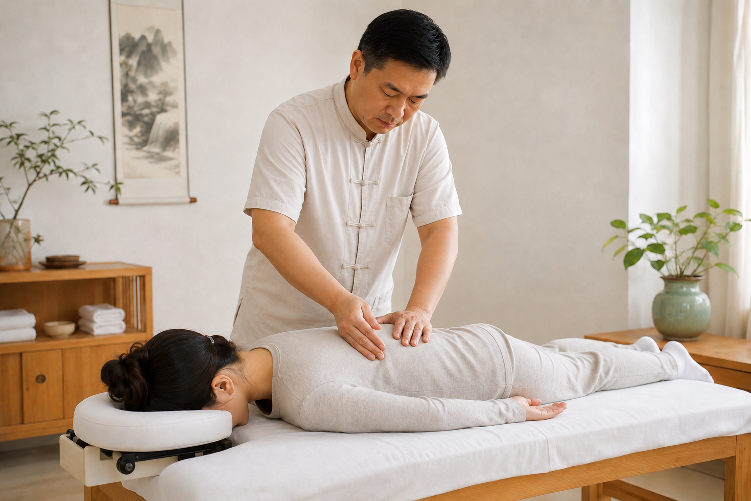 A massage therapist giving a massage to a woman lying face down on a massage table in a peaceful, minimalist room.