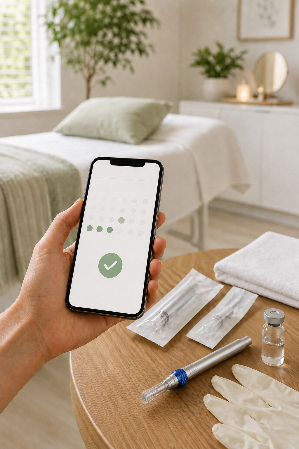 A person holding a smartphone with a checkmark screen, in a room with a bed, bedside table, and medical testing items on a round wooden table.