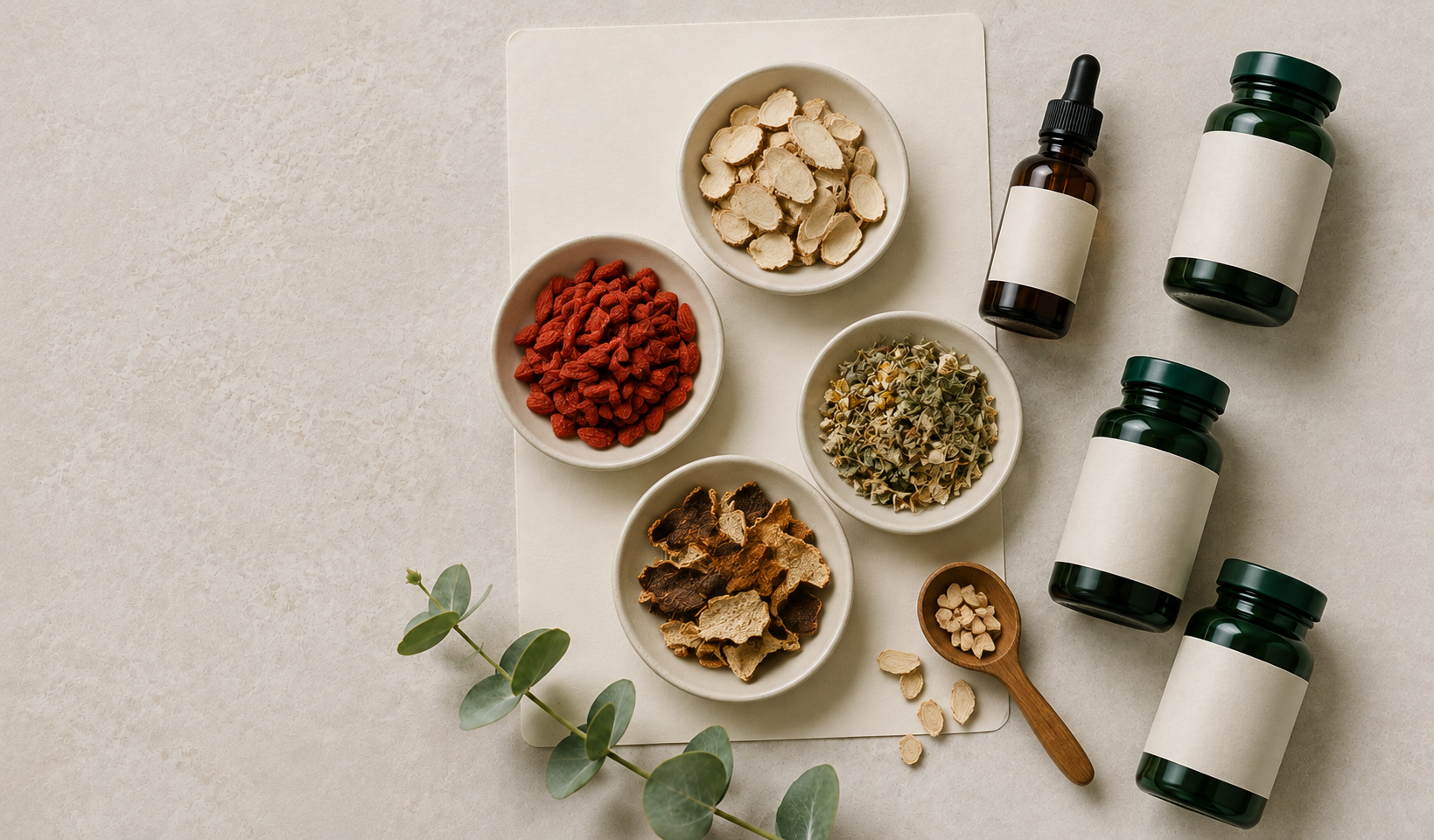 Various dried herbs and TCM medicinals in small bowls, herbal supplements in bottles, and eucalyptus leaves on a light background