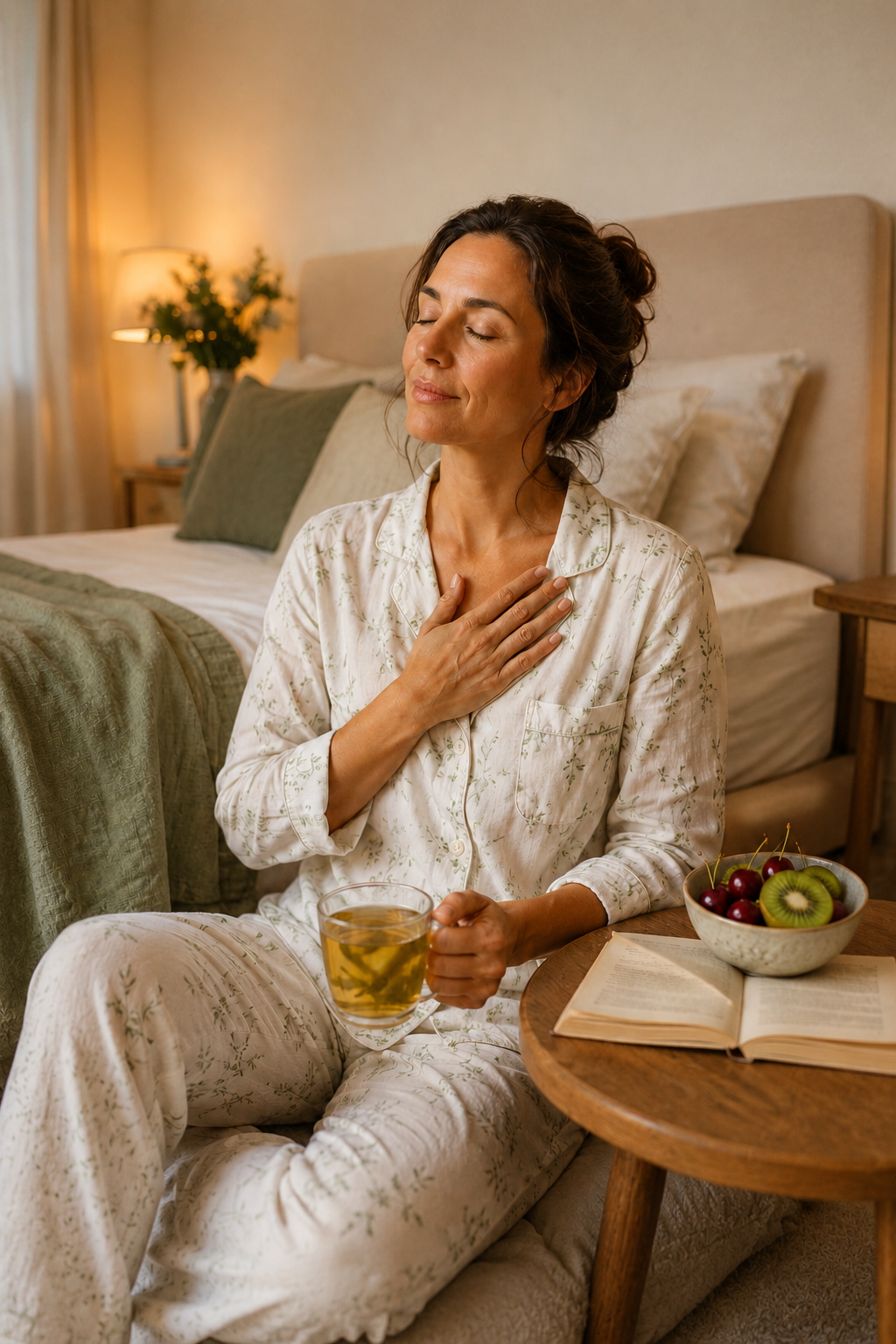 A woman in pajamas sitting on the floor of a bedroom, holding a cup of tea, with her hand on her chest and a peaceful expression, next to a bed with pillows, a bowl of fruit, and an open book.