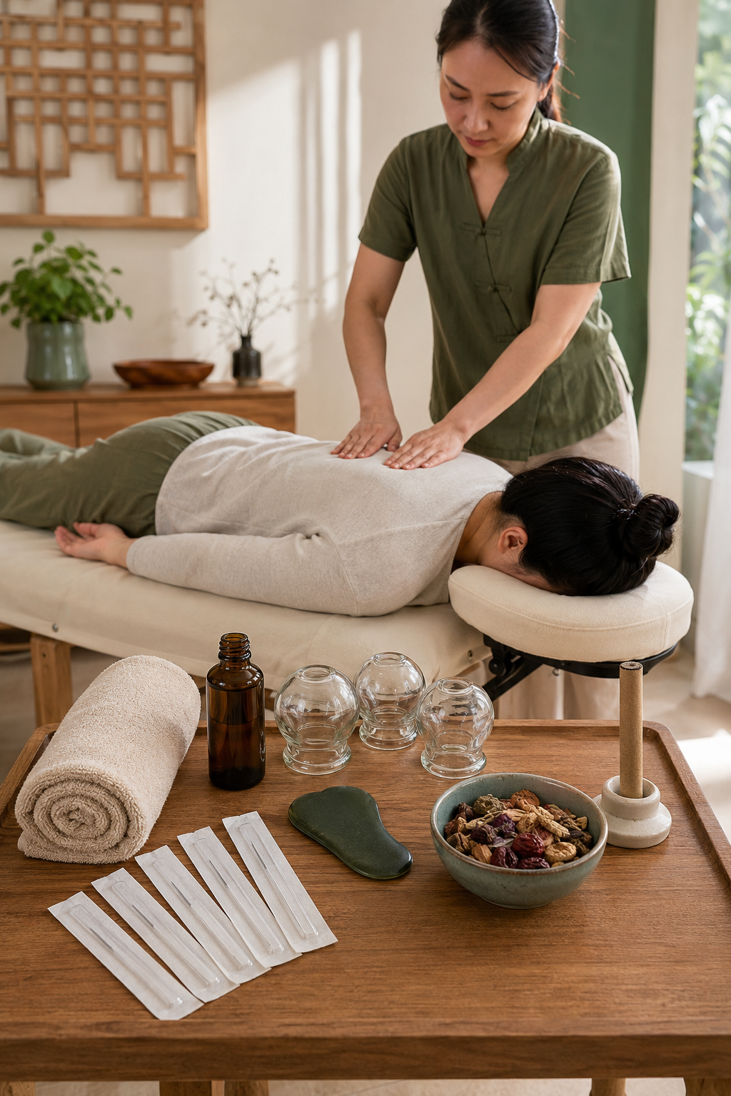 A woman receiving a massage on her back from a therapist in a wellness spa room.