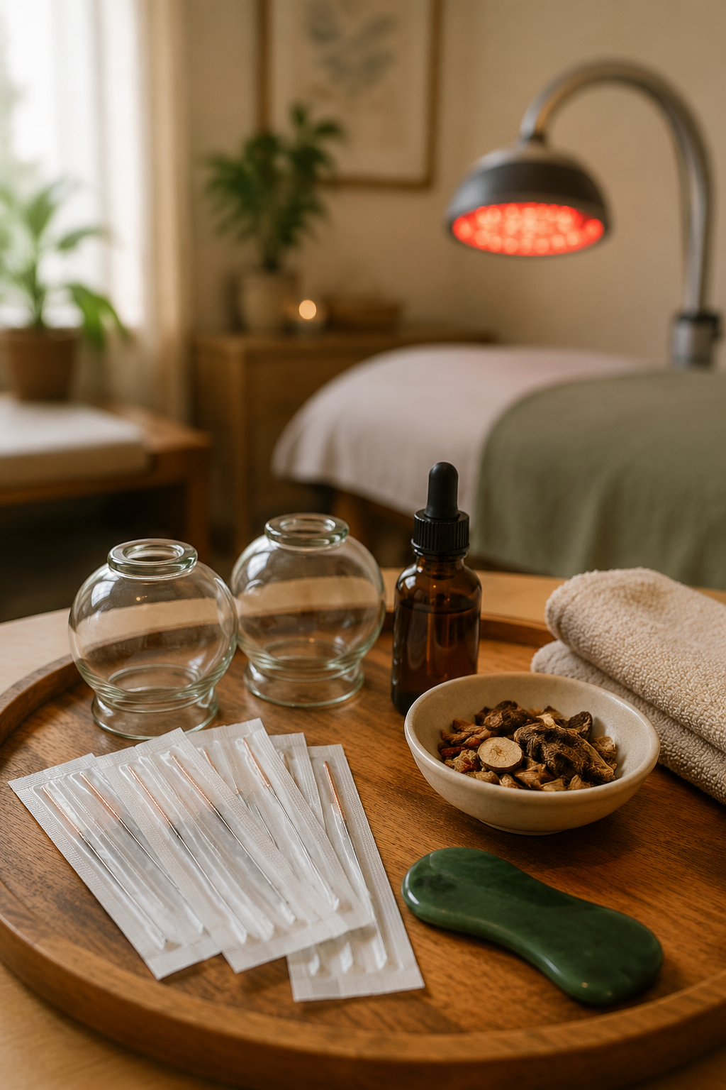 Spa or wellness treatment setup with glass jars, essential oil bottle, herbal mixture in a bowl, rolled towels, and jade roller on a wooden tray, with a bedroom in the background featuring a bed, nightstand, and plant.
