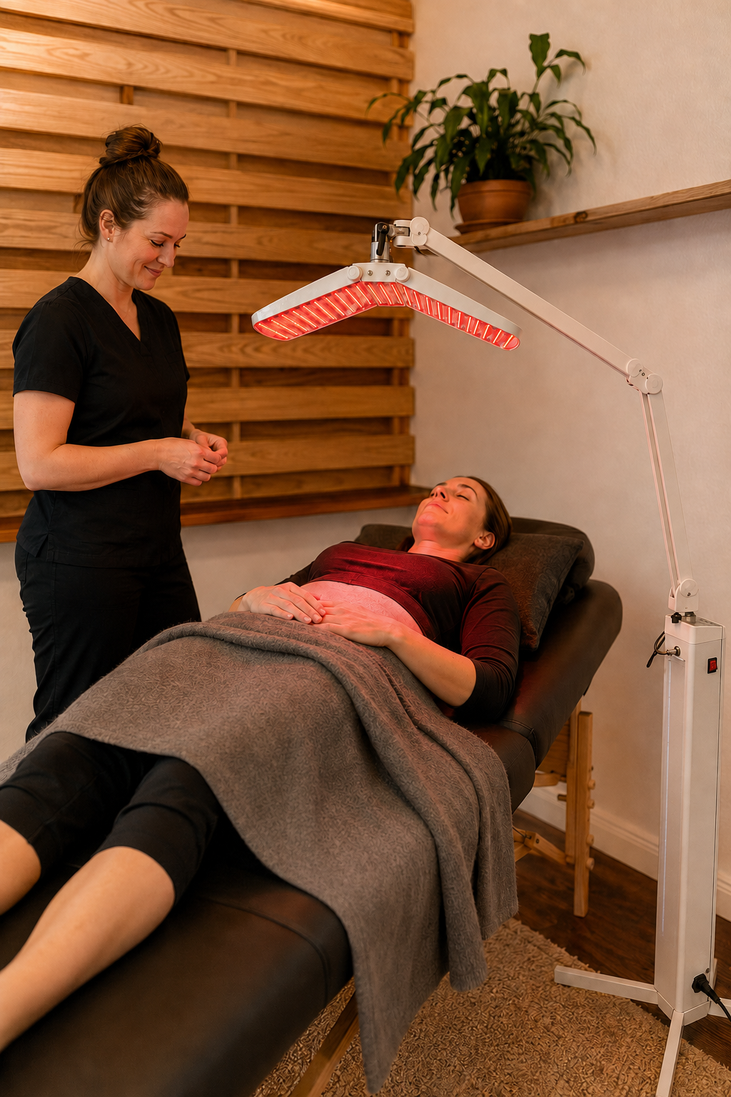 A woman receives a red light therapy treatment from a healthcare professional in a wellness clinic, lying on a treatment bed under a red LED light.