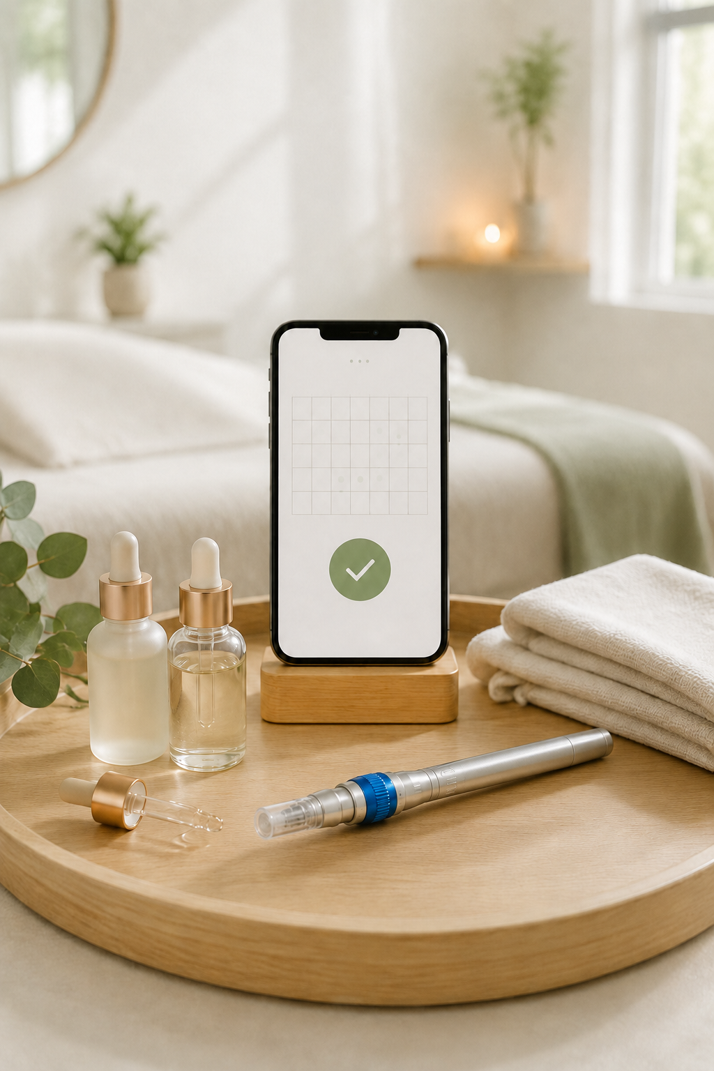 A wooden tray holding skincare and medical devices, including two small dropper bottles, a larger bottle with a dropper, a glass container, a nasal spray, and a digital device with a checkmark on a smartphone screen, all placed on a bed with a beige bedspread in a minimalist bedroom with natural light.