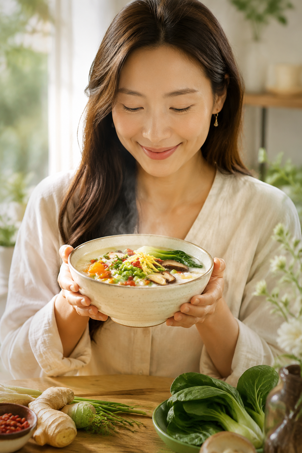A woman with long dark hair smiling and looking down at a steaming bowl of vegetable soup she is holding with both hands, surrounded by fresh vegetables and herbs on a wooden table.