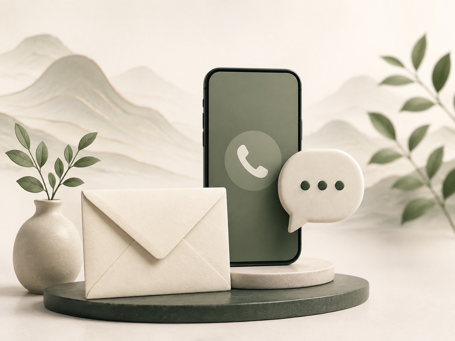 A smartphone with an incoming call screen, an envelope, a speech bubble icon, a small potted plant, and a minimalist background with mountains and leaves.