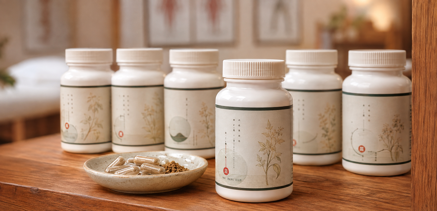 Multiple white supplement bottles with minimalist botanical labels on a wooden surface, with a small dish containing capsules and powder in the foreground.