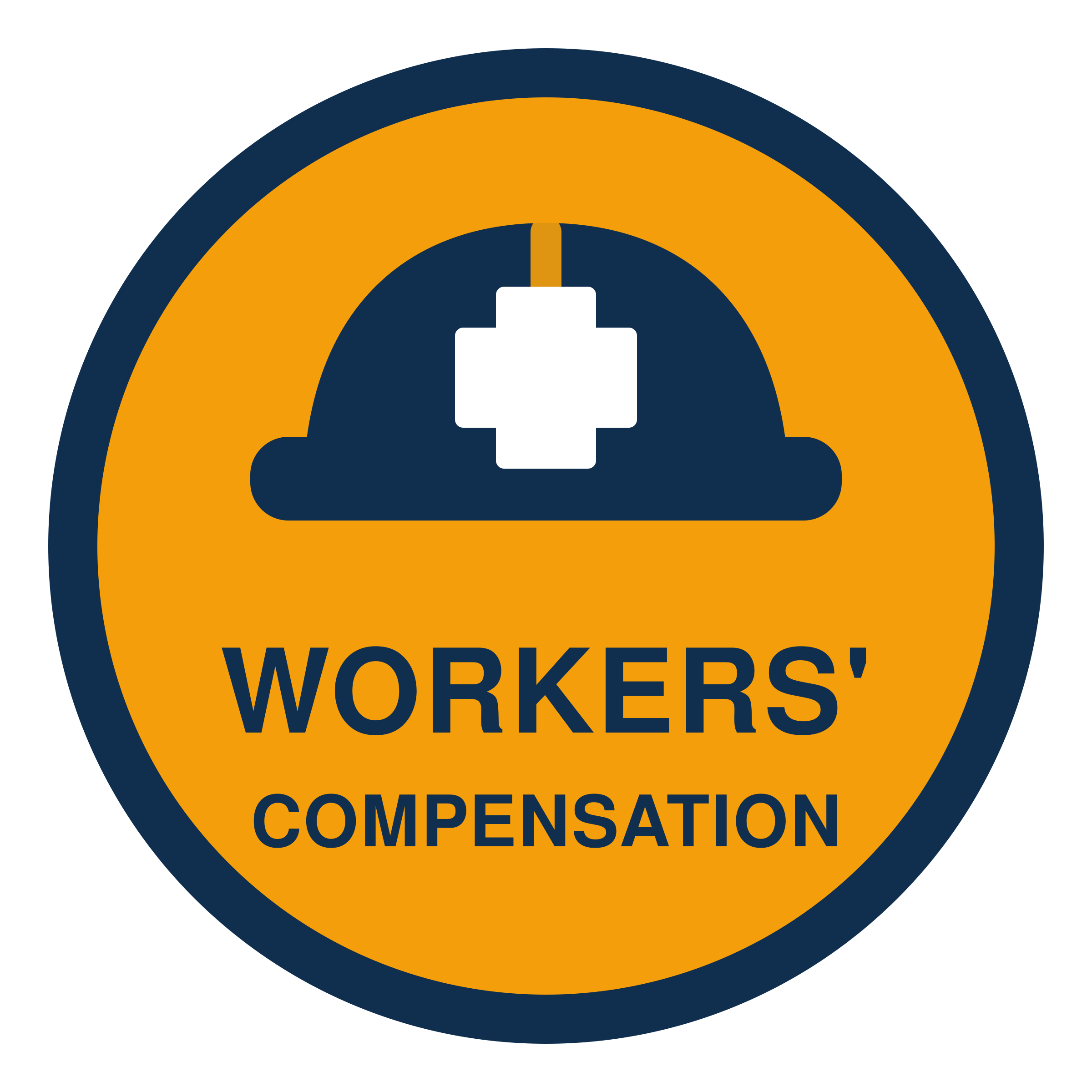 Badge with yellow and navy blue colors displaying the words "WORKERS! COMPENSATION" in bold, with a white cross symbol at the center.